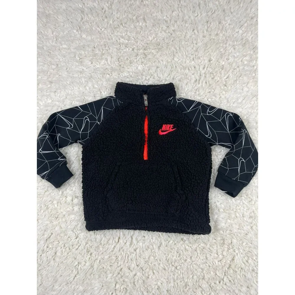 Nike Sherpa Fleece‎ Quarter Zip Pullover Geometric Print Sleeves Black Red 24M